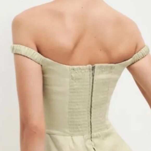Reformation Dress Sawyer Linen Off-Shoulder Mini Green Dried Herbs 10 NWT - Picture 6 of 8